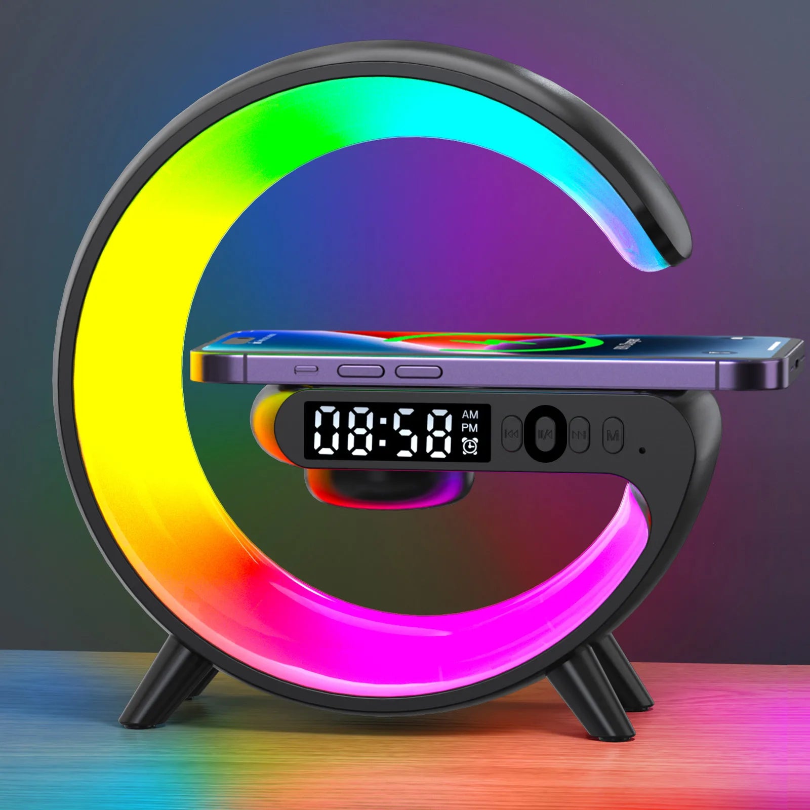 5.9" Wireless Charger with Bluetooth Speaker – RGB Clock Lamp Desktop Stand for iPhone & Samsung - Image 8