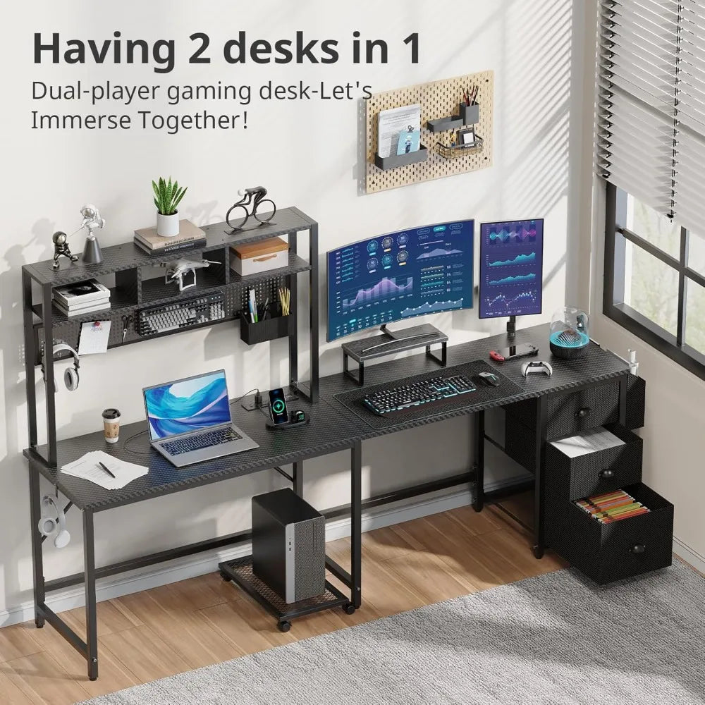 94.5" Gaming Desk with Pegboard Shelves – L-Shaped Computer Desk with Drawers, Power Outlet, LED Lights & Monitor Stand
