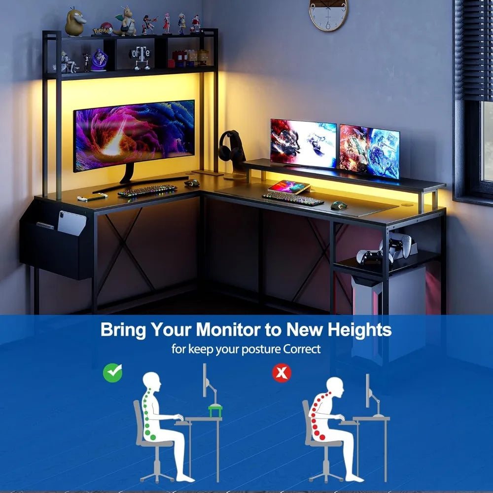L-Shaped Computer Gaming Desk with LED Lights & Power Outlets – 67" Reversible Large Desk with Monitor Stand & Storage - Image 5