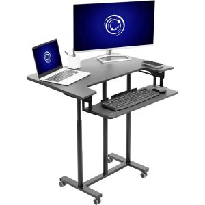 Mobile Height Adjustable Table – Stand Up Desk Cart with Sliding Keyboard Tray, Rolling Computer Workstation & Presentation Desk