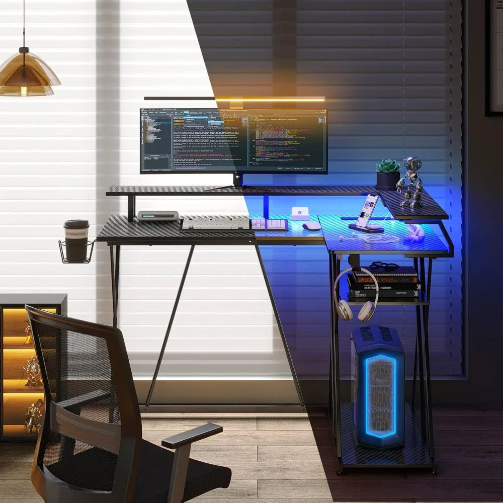 L-Shaped Gaming Desk with LED Lights & Power Outlets – 47” Reversible Corner Desk with Storage Shelf & Monitor Stand
