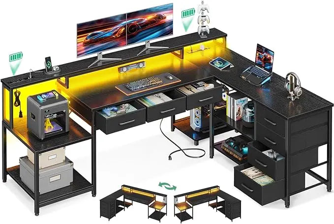 L-Shaped Desk with 7 File Drawers – Computer Desk with Monitor Shelf & Power Outlets for Home Office Storage - Image 8