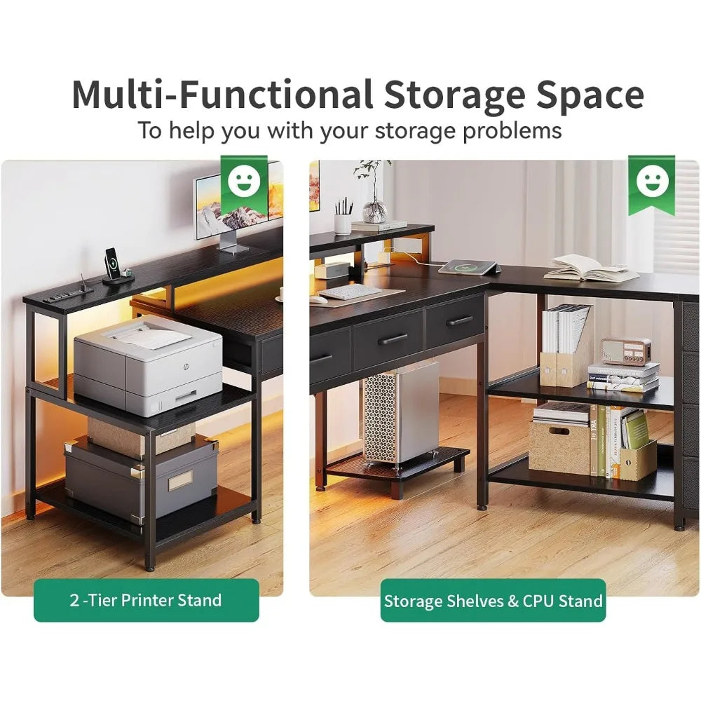 L-Shaped Desk with 7 File Drawers – Computer Desk with Monitor Shelf & Power Outlets for Home Office Storage - Image 4