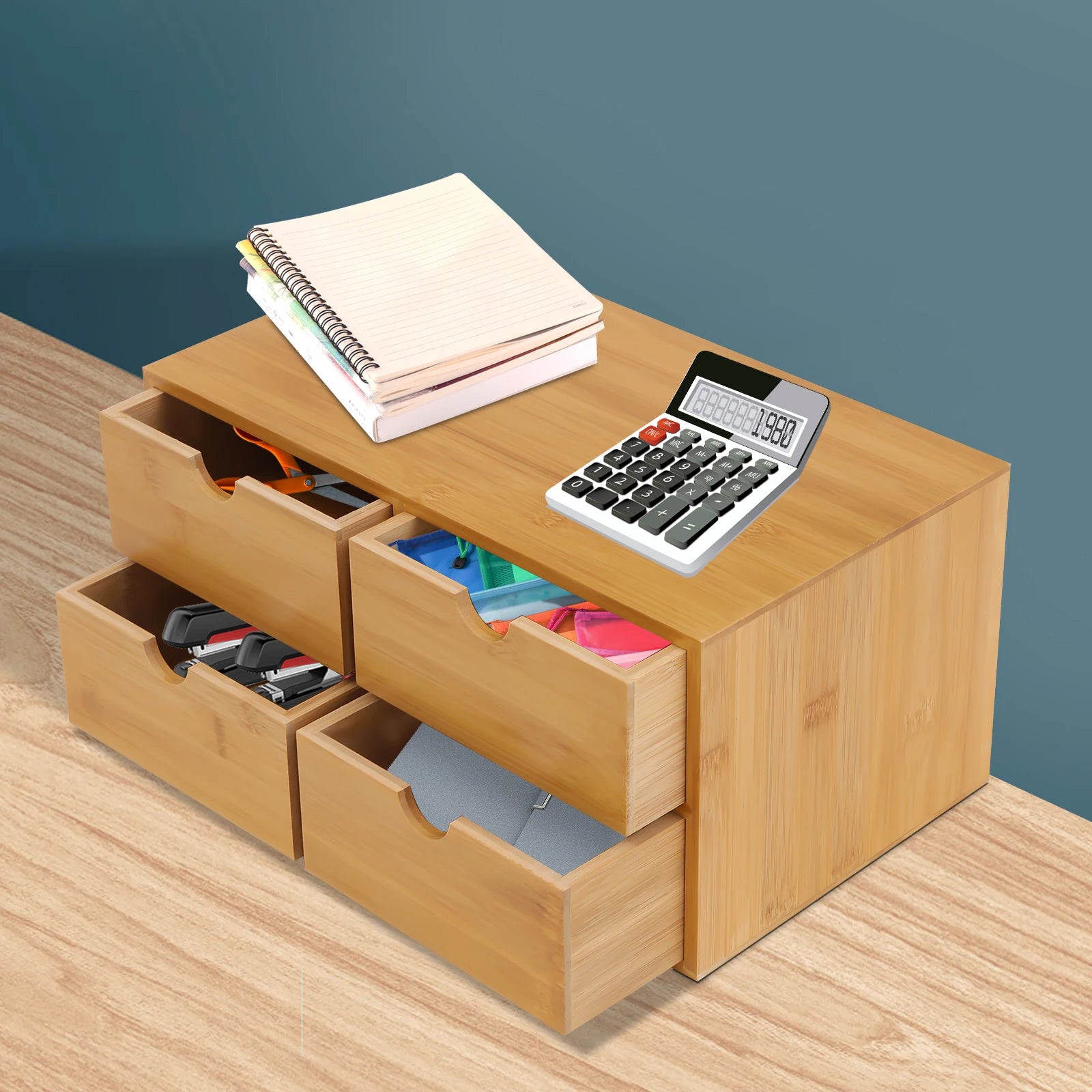 4-Drawer Mini Bamboo Desk Organizer – Tabletop Storage Box for Office, Home, Toiletries & Supplies