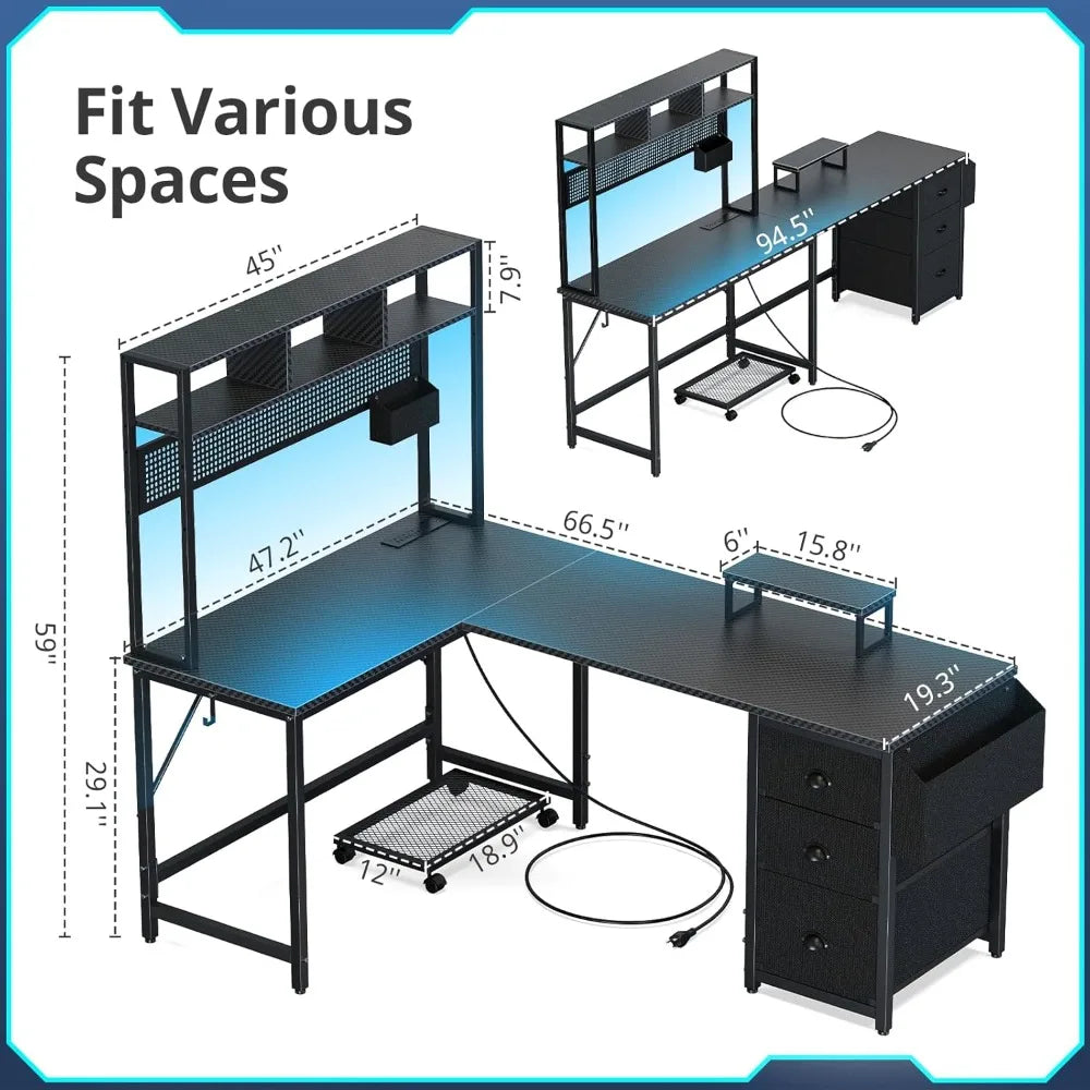 94.5" Gaming Desk with Pegboard Shelves – L-Shaped Computer Desk with Drawers, Power Outlet, LED Lights & Monitor Stand - Image 6