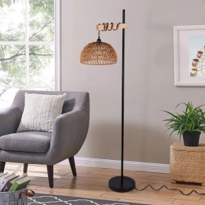 Bymaocar Smart Floor Lamp – Rattan Lampshade Standing Light with APP & Remote Control and Stepless Dimming