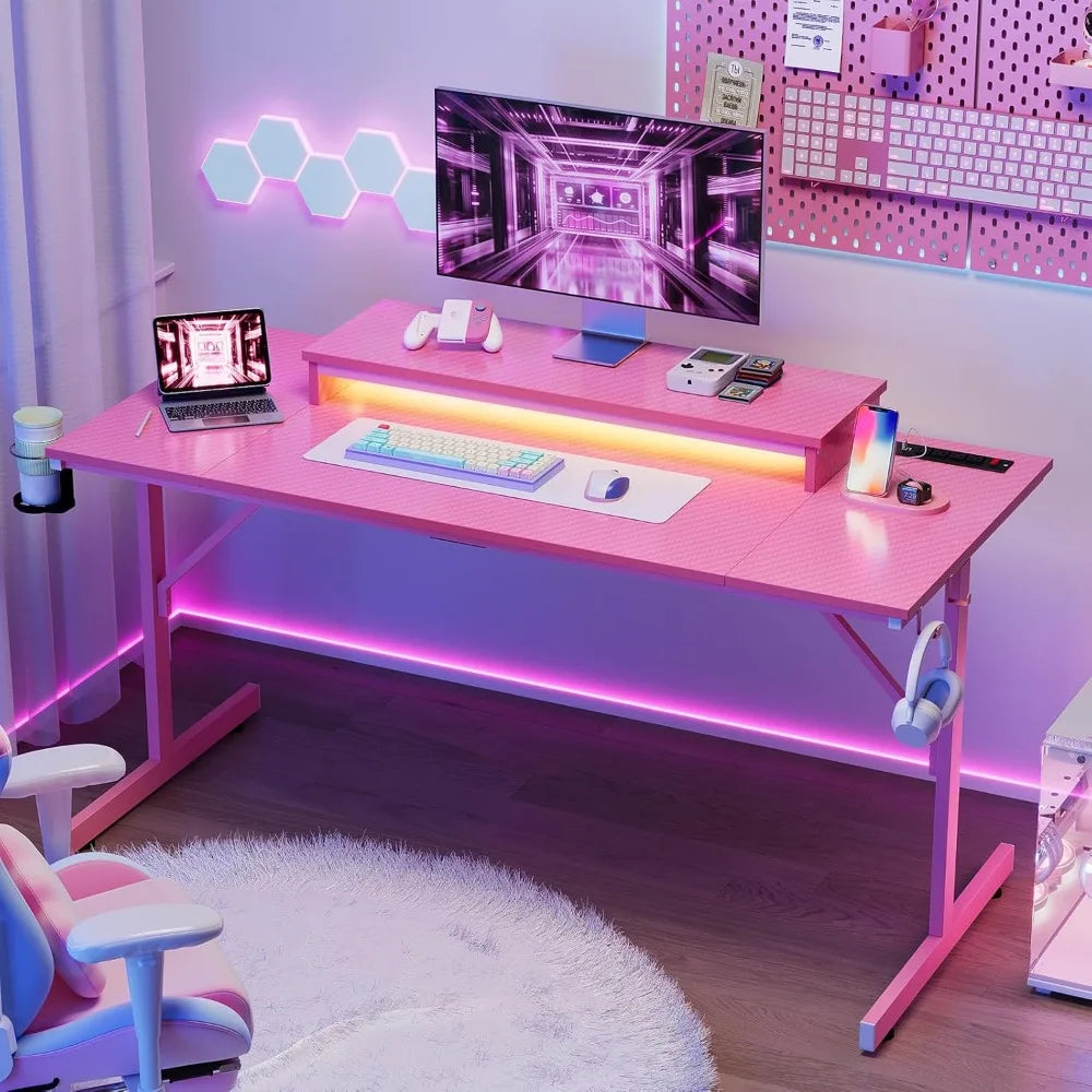 52" Pink Gaming Desk – with LED Lights, Power Outlet, Monitor Stand & Headphone Hook - Image 3