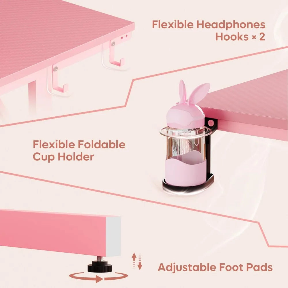 52" Pink Gaming Desk – with LED Lights, Power Outlet, Monitor Stand & Headphone Hook - Image 6