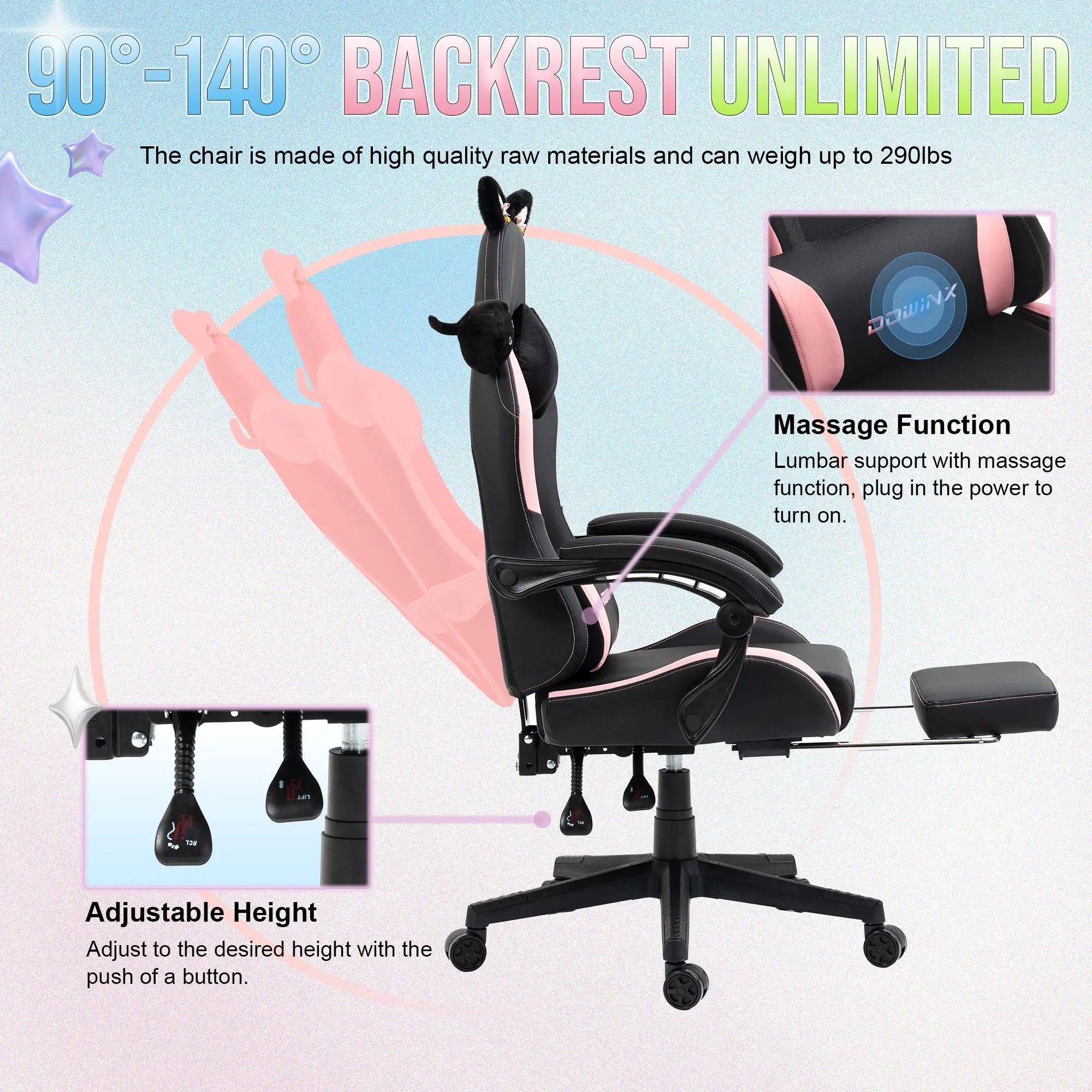 Dowinx Gaming Chair – Cute Cat Ears Design with Massage Lumbar Support - Image 3