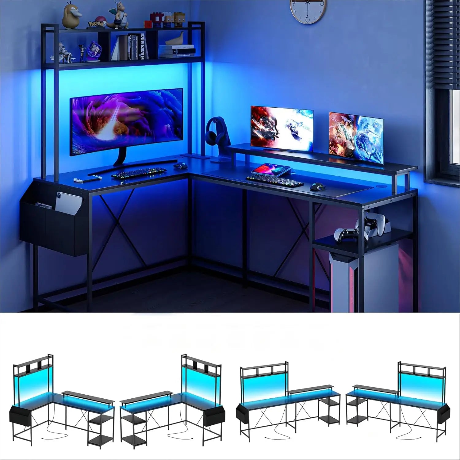 L-Shaped Computer Gaming Desk with LED Lights & Power Outlets – 67" Reversible Large Desk with Monitor Stand & Storage - Image 9