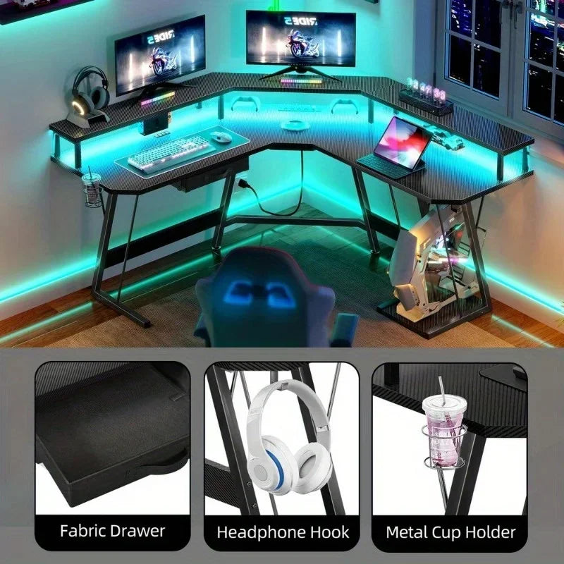 Gaming Corner Desk – L-Shaped Computer Desk with RGB LED Lights & Built-In Power Outlets - Image 6