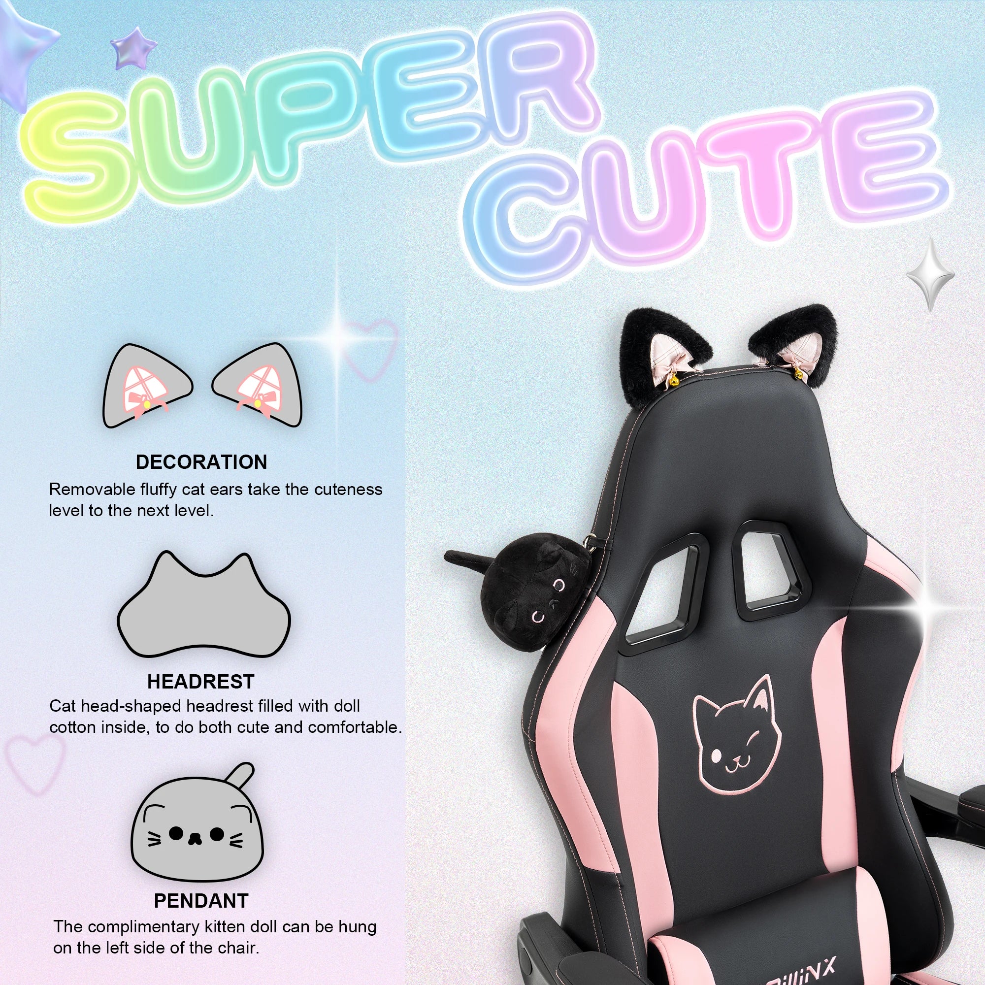 Dowinx Gaming Chair – Cute Cat Ears Design with Massage Lumbar Support - Image 2
