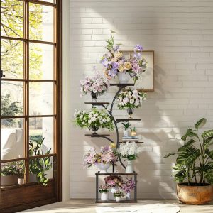 Industrial Tree-Shaped Plant Stand – Multilayered Indoor/Outdoor Flower Display Rack for Home & Garden Corners