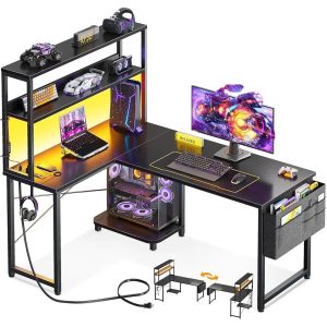 43" L-Shaped Gaming Desk โ Reversible Corner Desk with LED Lighting, Power Outlets & Storage Shelves