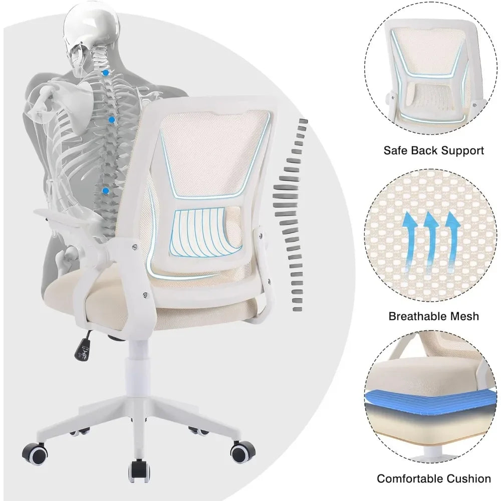 Beige Mid-Back Desk Chair – Ergonomic Swivel Office Chair with Adjustable Arms & Mesh Lumbar Support - Image 2