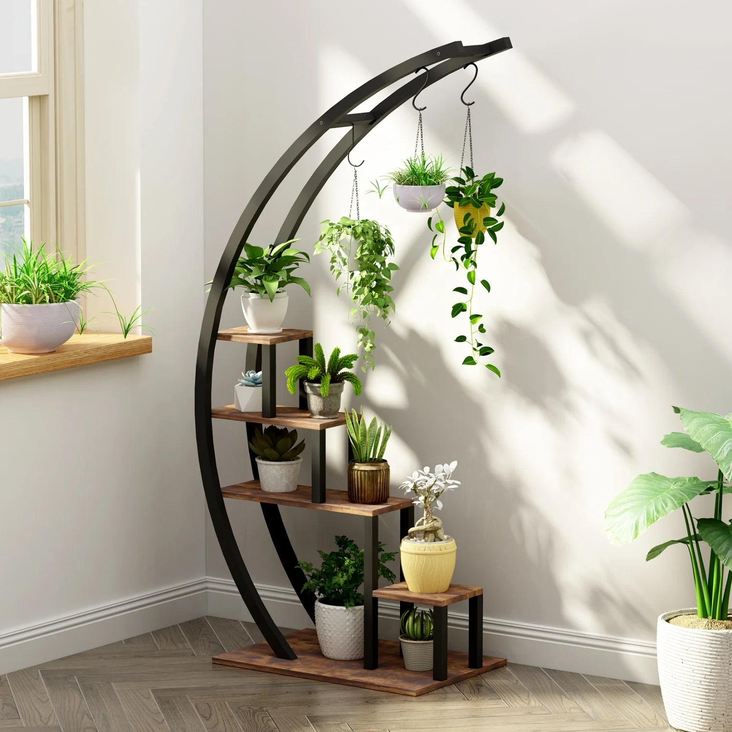 2-Pack Metal Plant Stand – Tall Indoor/Outdoor Flower Display Shelf with Plant Hanger for Garden & Balcony - Image 5
