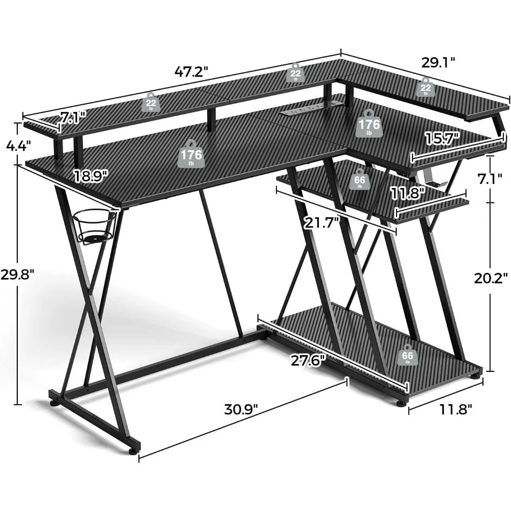 L-Shaped Gaming Desk with LED Lights & Power Outlets – 47” Reversible Corner Desk with Storage Shelf & Monitor Stand - Image 3