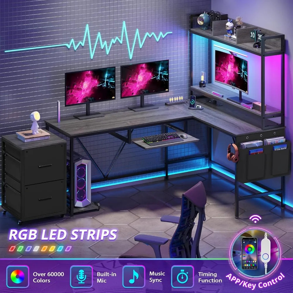 L-Shaped Gaming Desk with Keyboard Tray – Reversible Computer Desk with Power Outlet, Corner Home Office Desk with Mobile File Cabinet - Image 4