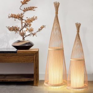 Japanese Bamboo Floor Lamp – Woven LED Standing Light for Home, Studio & Café Decor