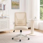Beige Mid-Back Desk Chair – Ergonomic Swivel Office Chair with Adjustable Arms & Mesh Lumbar Support