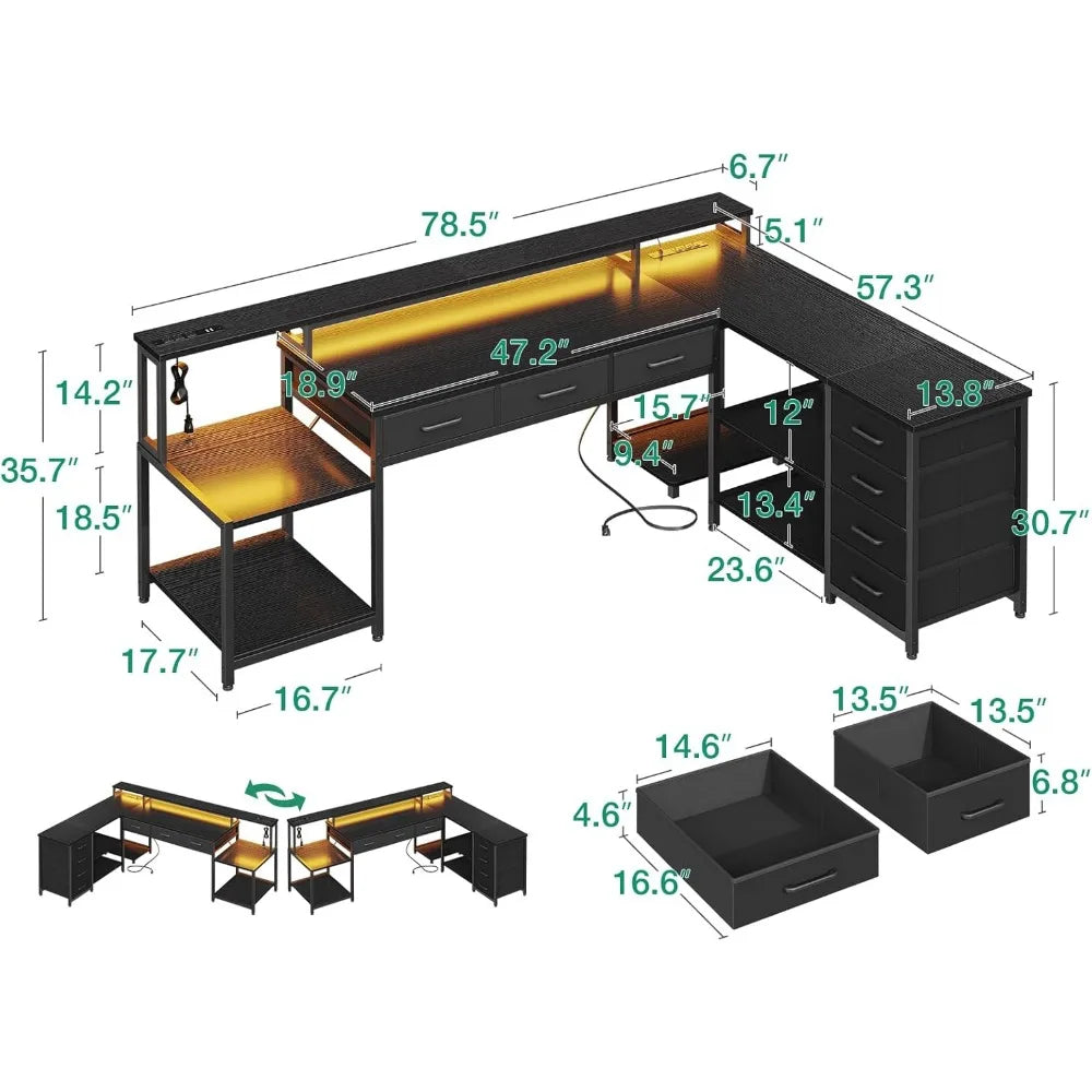 L-Shaped Desk with 7 File Drawers – Computer Desk with Monitor Shelf & Power Outlets for Home Office Storage - Image 3