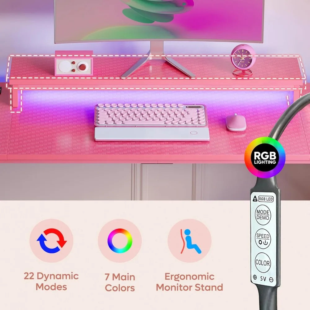 52" Pink Gaming Desk – with LED Lights, Power Outlet, Monitor Stand & Headphone Hook - Image 5