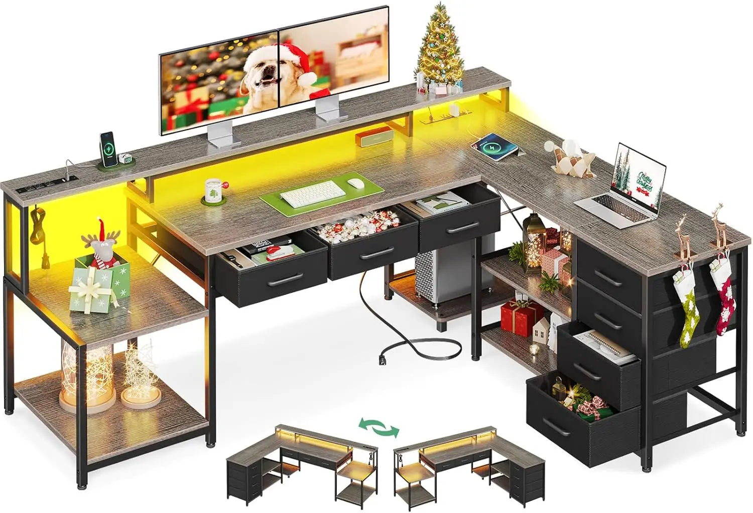 L-Shaped Desk with 7 File Drawers – Computer Desk with Monitor Shelf & Power Outlets for Home Office Storage - Image 12