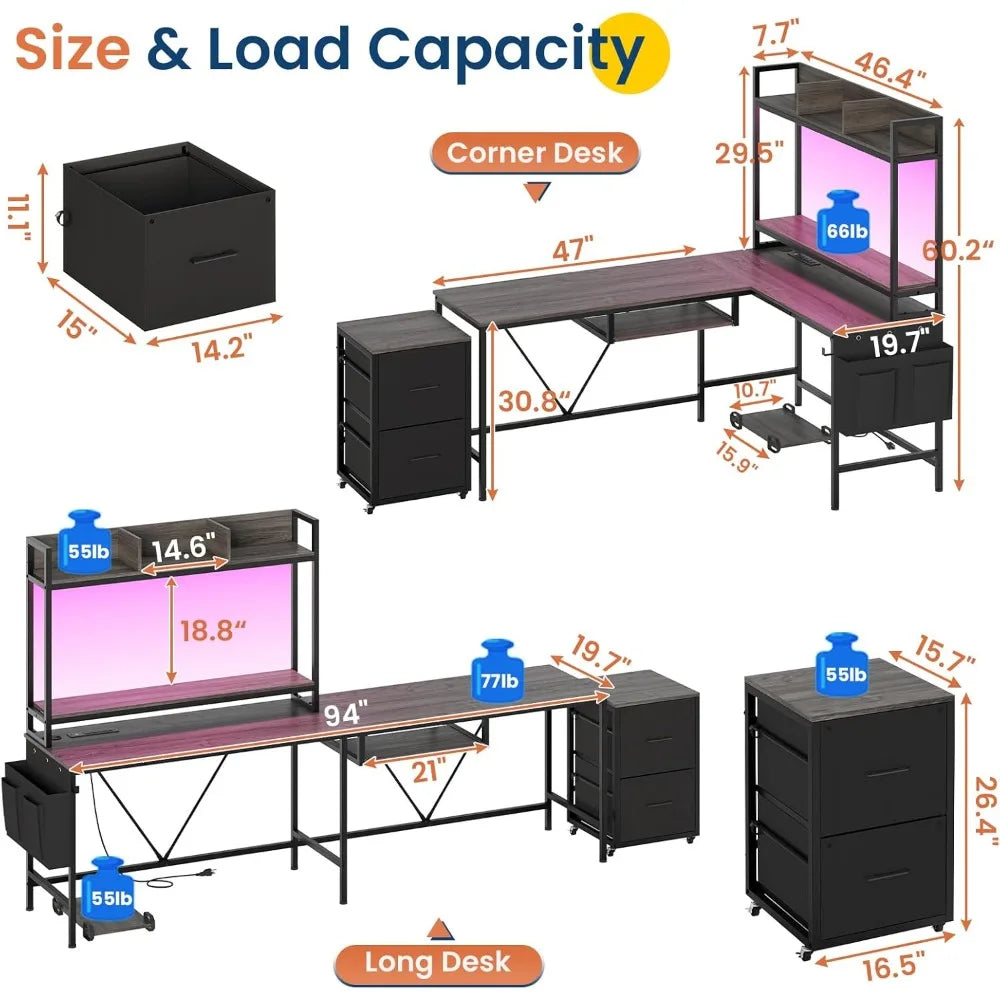 L-Shaped Gaming Desk with Keyboard Tray – Reversible Computer Desk with Power Outlet, Corner Home Office Desk with Mobile File Cabinet - Image 2