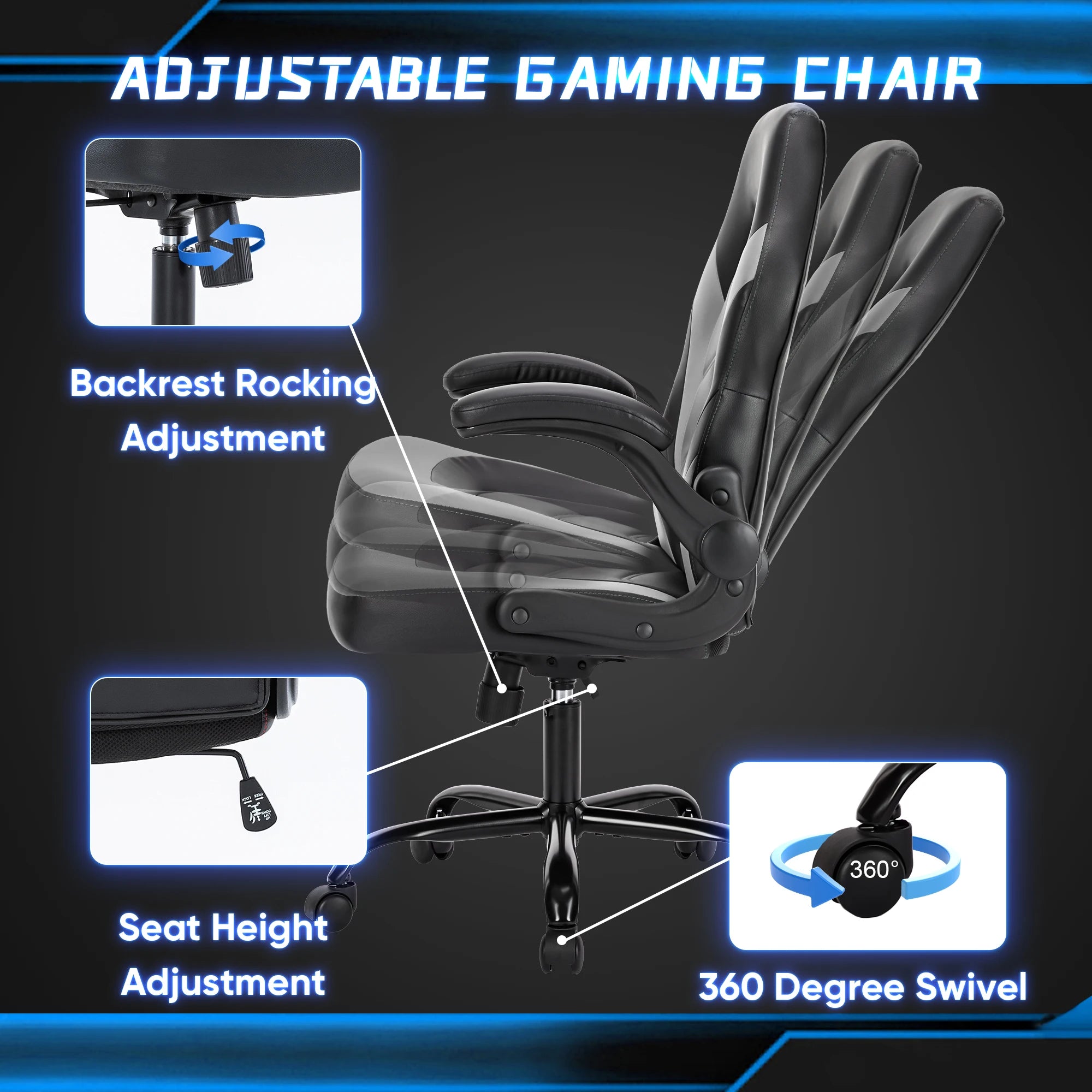 JHK Ergonomic PU Leather Gaming & Office Chair – Adjustable Racing Style with Flip-Up Armrests - Image 6
