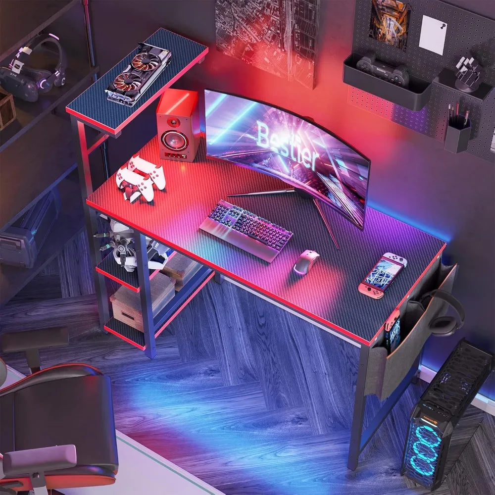 Gaming Desk with LED Lights – 44" PC Gamer Desk for Small Spaces with Reversible Storage Shelves & Side Storage - Image 3