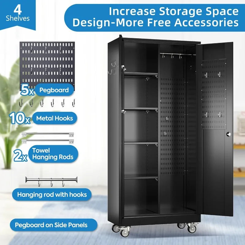Garage Storage Cabinet with Wheels – Metal Tool Cabinet with Pegboards & Adjustable Shelves - Image 4