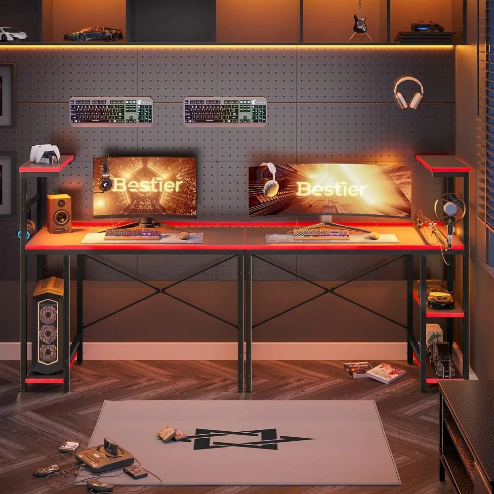 Gaming Desk with LED Lights – 44" PC Gamer Desk for Small Spaces with Reversible Storage Shelves & Side Storage - Image 4
